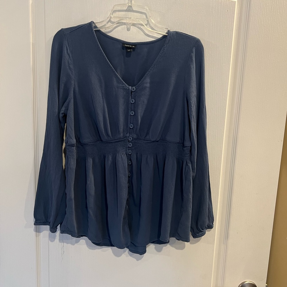 Torrid Blue Gauze Smocked Long Sleeve Button up Blouse. Plus size 1 - Picture 2 of 7
